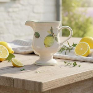 May include: Cream ceramic jug featuring a lemon design. The jug has a handle and spout, and is decorated with green and yellow lemons and leaves. It sits on a wooden table with lemon slices and whole lemons.