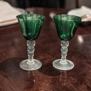 Emerald Green Water Glasses, Set of 2, Vintage Clear Bubble Stem, Replacement Stemware