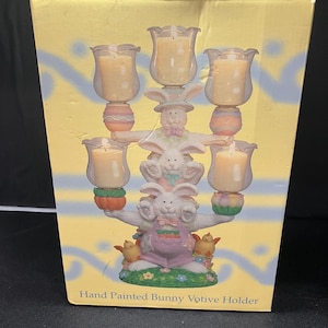 Hand Painted Easter Bunny Glass Votive Holder, 5 Stacked Candle Holder, 14&quot; Vintage Decor, Easter Bunny Gift