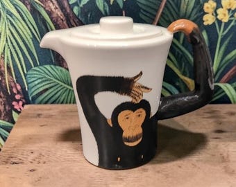 Pier 1 Imports Hand Painted Monkey Coffee Pot, Vintage 3D Chimpanzee Lidded Pitcher, Replacement