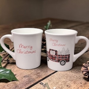 Potter's Studio Red Truck Coffee Cups, Set of 2, Christmas Scene, Holiday Drinkware