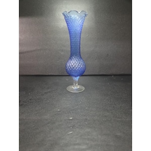 Fenton Style Vintage Vase, Blue Diamond Pattern, Ruffled Top Pedestal, 9&quot; Hobnail Collectible, Home Accent