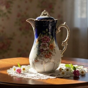 May include: A porcelain coffee pot featuring a deep blue upper section and a white lower base, decorated with a colourful floral bouquet. The piece includes a matching lid with a decorative finial, a curved handle, and gold trim accents.