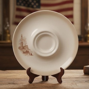 May include: A cream-colored ceramic saucer featuring a central raised circular indentation for a cup. The left side of the saucer displays a brown monochromatic illustration of a tall tower, a horse-drawn carriage, and small figures of people.