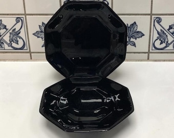 Arcopal Novoctime Black Salad Plates, Set of 2, Vintage French Dinnerware, Replacement Tableware