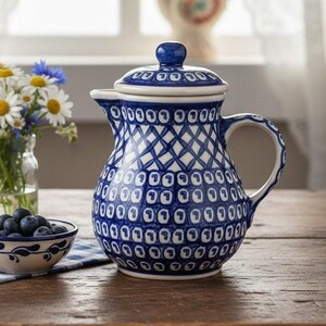 Boleslawiec Polish Pottery Venus Lidded Pitcher, Vintage Blue Lattice Stoneware Creamer, Replacement Tableware