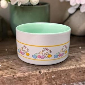 May include: A white ceramic bowl with a light green interior and a yellow band. The bowl is decorated with cartoon bunnies and colorful Easter eggs. The bowl is sitting on a wooden surface.