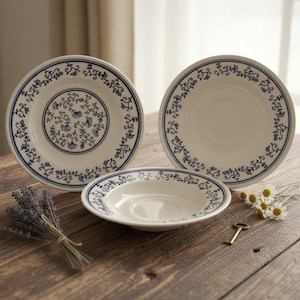 Homer Laughlin Sturbridge Bread Plate & Two Saucers, Vintage Blue and White Ceramic Dinnerware