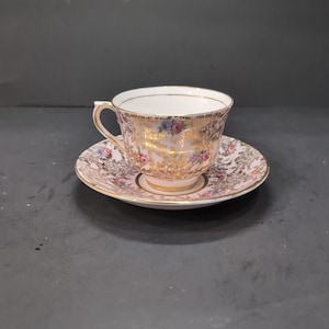 Colclough Teacup & Saucer Set, Floral Bone China Footed Cup, Vintage Chintz Rose, Pink and Gold, Collectors Tea Cup