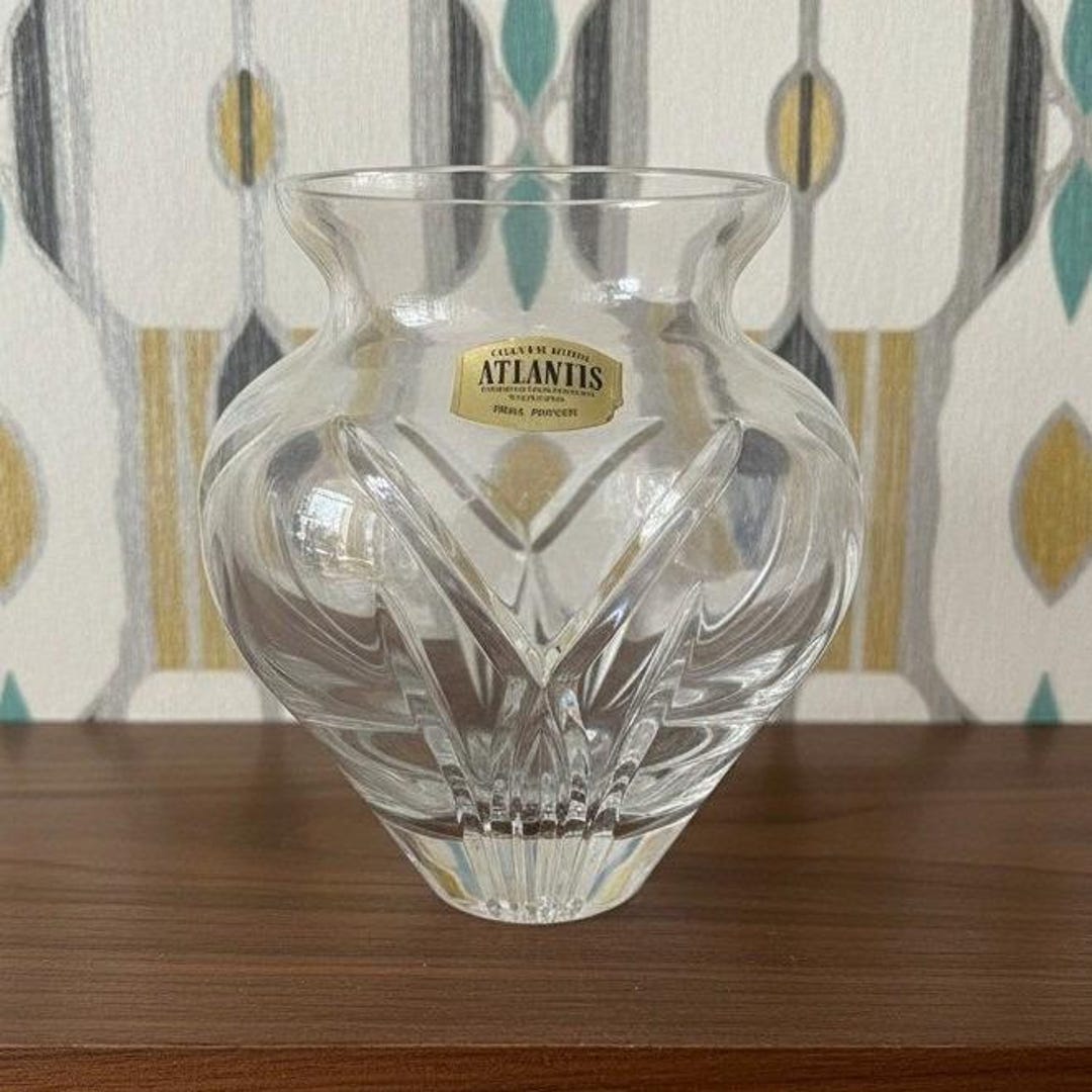 Atlantis Full Lead Crystal Vase, Vintage Handblown Clear Glass