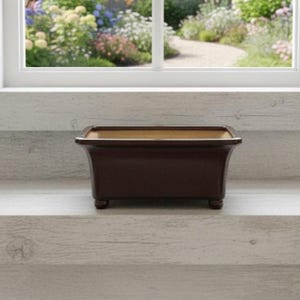 Puede incluir: Una jardinera rectangular de cerámica marrón oscuro con interior marrón claro. La jardinera tiene una forma ligeramente acampanada y se apoya en cuatro pequeños pies redondeados. Se ve un jardín a través de una ventana en el fondo.
