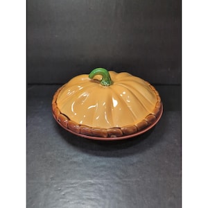 Pumpkin Pie Dish 10", Ceramic Covered Plate, Vintage Baking Dish, Made In Portugal, Fall Kitchen Accessory