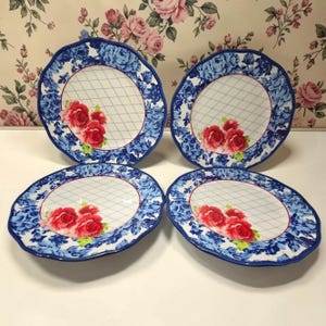 Platos llanos Pioneer Woman Heritage Floral, juego de 4, vajilla de repuesto, azul cobalto y rojo.