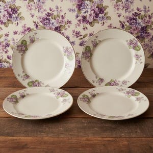 May include: A set of four round white ceramic plates featuring a delicate floral pattern of purple violets and green leaves along the rims. Each plate has a smooth finish and a thin gold-toned metallic trim around the outer edge of the plate.