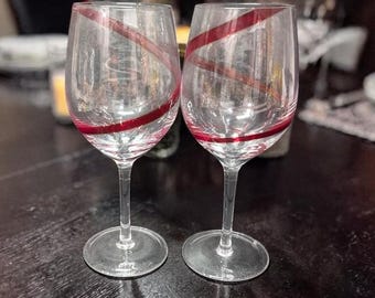Pier 1 Red Swirline Wine Glasses, Set Of 2, Vintage Clear Stemware, Replacement Drinkware