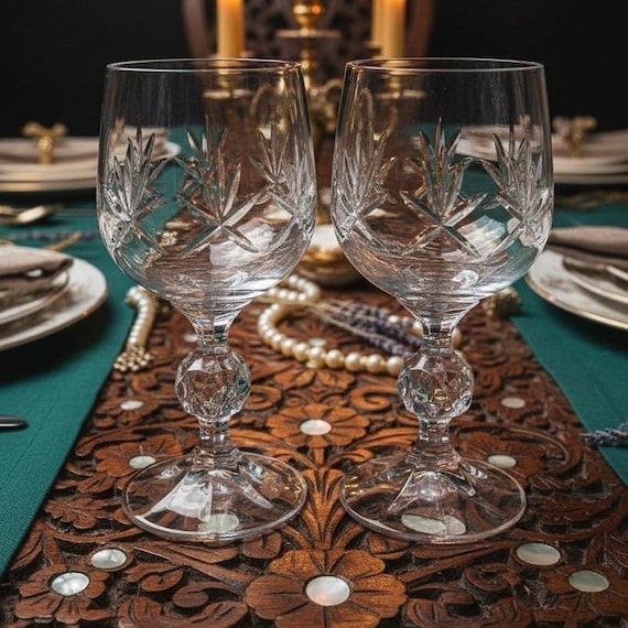 Crystalex Bohemia Fan-textured Wine Glasses, Set of 2, Vintage