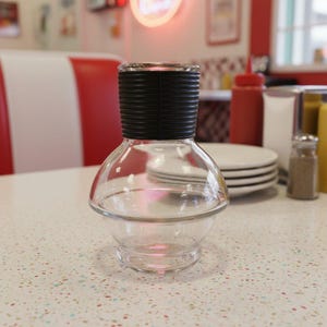 McKee Hottle Glasbake Carafe, Vintage Clear Glass Coffee Decanter, Replacement Beverage Server, Black Accent