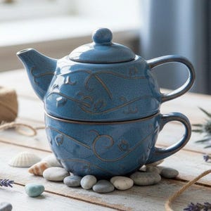 Pier 1 ブルー ストーンウェア スタッキング ティーセット ティーポット 蓋 カップ マグ 釉薬仕上げ