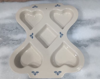 Roseville Friendship Pottery Muffin Pan Mold, Heart Diamond, Blue Petals
