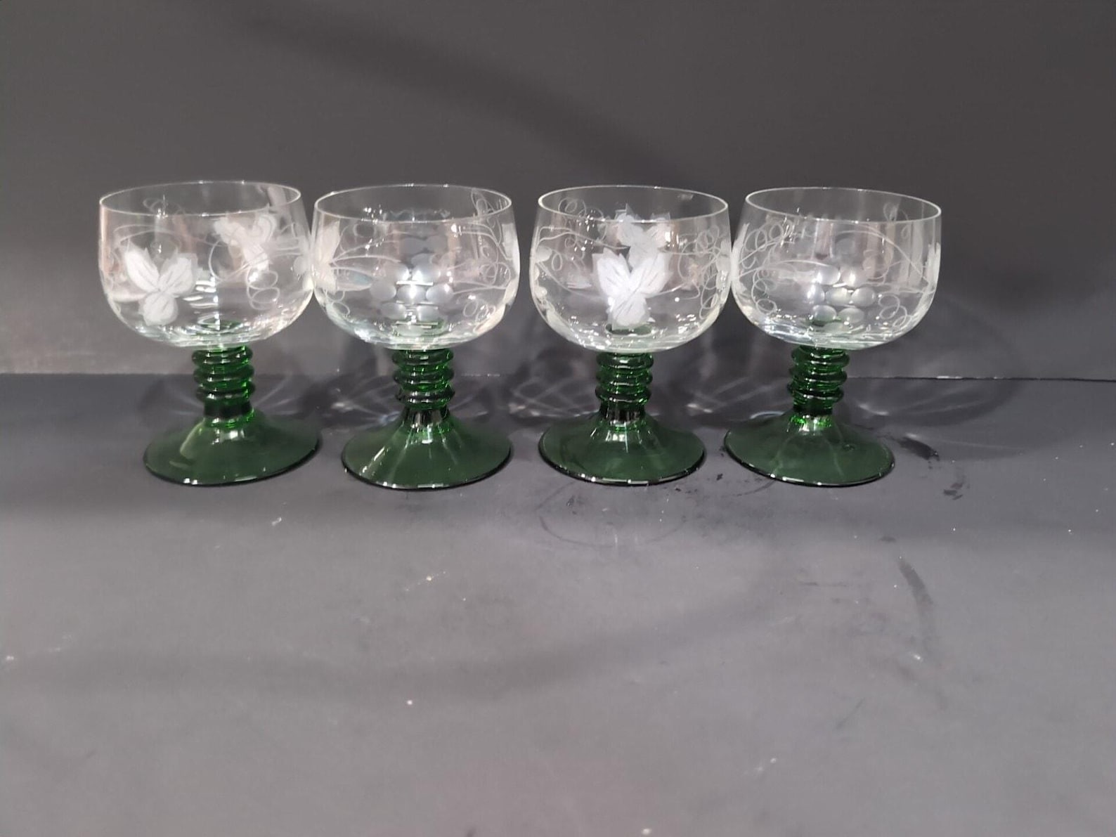 Roemer Etched Grape Glasses, Cordial Wine Set of 4, Green Ribbed Stem, German Drinkware, Elegant Gift