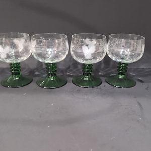 Roemer Etched Grape Glasses, Cordial Wine Set of 4, Green Ribbed Stem, German Drinkware, Elegant Gift