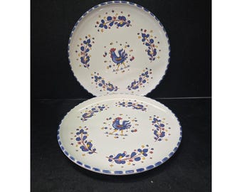PV Deruta Blue Rooster Salad Plates, Set Of 2, Vintage Floral Farmhouse Dishes, Italy