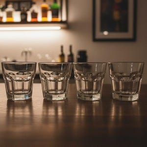 May include: Four clear glass tumblers arranged in a row on a wooden surface. Each glass features a thick base and a series of rounded indentations around the lower exterior, creating a textured, faceted appearance with a smooth, wide rim.