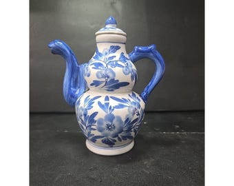 Tetera/cafetera floral azul cobalto y blanca, jarra de porcelana con forma de calabaza doble, vajilla de repuesto.