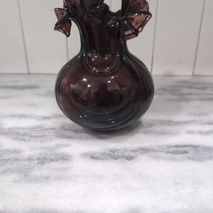 Vintage Deep Purple Art Glass Vase 8" Tall Ruffled Edges, Hand Blown Home Decor, Art Glass Vase, Purple Glass Vase