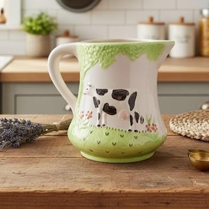 May include: A white ceramic pitcher with a cow design. The pitcher features a green base and a handle. The cow is black and white, with pink udders, standing in a green field with flowers. The top of the pitcher has a green leaf design.