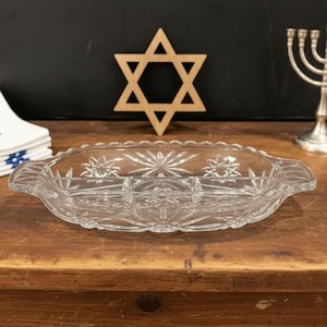 Anchor Hocking Clear Cut Glass Divided Oval Serving Platter, Vintage Starburst Pattern, Replacement Serveware
