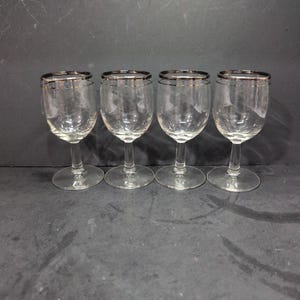 Silver Rimmed Cocktail Glasses Vintage Stemware Set of 4, Midcentury Barware Glassware, 4 Oz Capacity Glasses