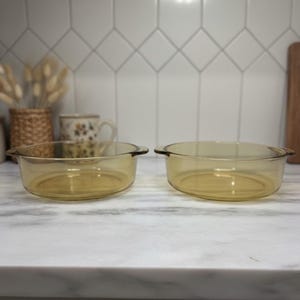 Dynaware Pyr-O-Rey bärnstensfärgade skålar, set om 2, vintage mexikanskt glas, reservporslin
