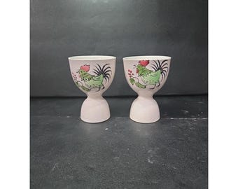 Conjunto de 2 Porta-Ovos Duplos com Galo Pintado à Mão, Acessório Vintage para Café da Manhã, Utensílio de Cozinha de Reposição