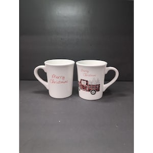 Potter&#39;s Studio Red Truck Mugs, Christmas Plaid Snowy Scene Cups, 20 Oz Set, Festive Gift Idea, Holiday Drinkware Delight