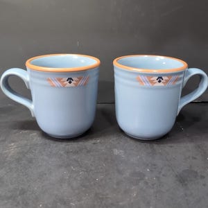 Noritake Stoneware Coffee Mugs Set, Adobe Blue Mugs, Southwestern Pattern Mugs, Japan Made, Two Coffee Cups Set
