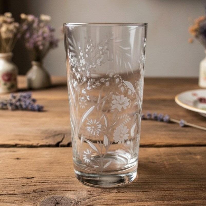 Libbey Etched White Wild Flowers Glass Tumbler, Vintage Silver Rim
