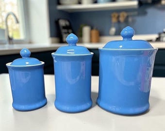 Williams Sonoma Blue Lidded Canisters, Set of 3, Replacement Kitchenware Jars, Ceramic Containers