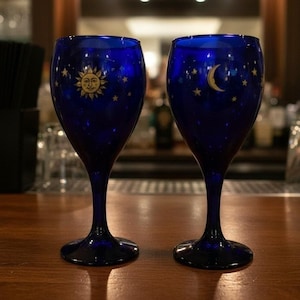 Libbey Celestial Sun & Moon Cobalt Blue Wine Glasses, Set of 2, Vintage Stemware