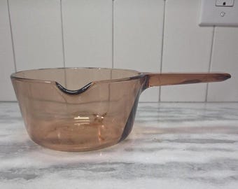 Pentola Vision Corning da 1 litro, in vetro ambrato, con beccuccio versatore, ricambio vintage, senza coperchio.