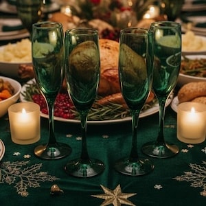 May include: Four tall, slender emerald green glass champagne flutes with long stems and circular bases, arranged in a row on a dark green tablecloth decorated with gold star patterns, positioned in front of a blurred holiday dinner setting.