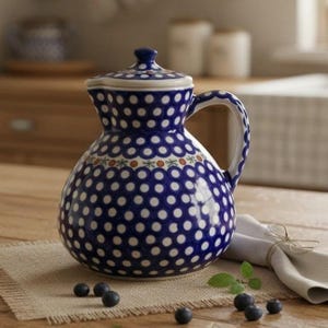 Kaffeekanne mit Deckel und Pfauenaugenmotiv aus polnischer Bolesławiec-Keramik, Vintage-Steingutkrug, Ersatz-Serviergeschirr
