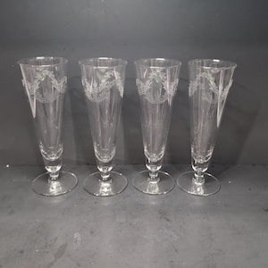 Chintz Etched Pilsner Glasses Set of 4, 10 oz Footed Glasses, Glowing Glassware, Collectible Barware, Flaw