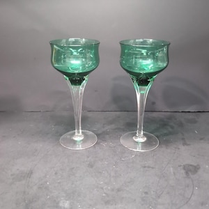 Tulip Stemware Emerald Green Cordials, Art Glass Set of 2, Murano Style, Vintage Glassware, Home Bar Decor, Collectible
