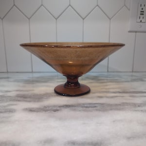 Amber Glass Pedestal Bowl with Etched Edge, Floral Design, Vintage Centerpiece