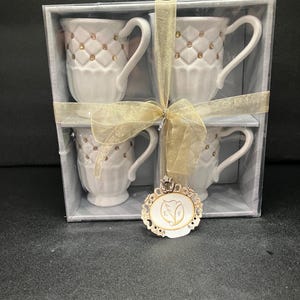 KF Porcelain White Faux Pearl Cup Set, Tea Coffee Cups, Diamond Pattern Cups, Set of 4, Gift Set, Elegant Drinkware