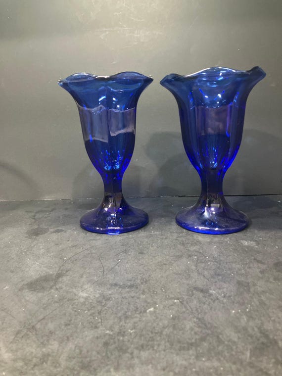 Juego de tazón y taza para helado de vidrio azul cobalto, par de