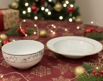 Tazón para sopa/tazón para cereales con borde de porcelana dorada de JCPenney Holiday Wishes *