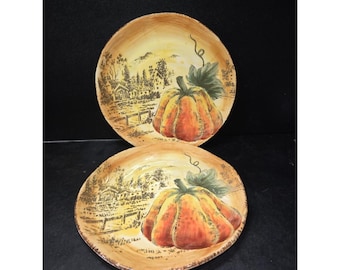 Maxcera Pumpkin Fest Decorative Salad Plates, Set of 2, Vintage Fall Autumn Thanksgiving Decor