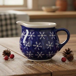 Bolesławiec Pools aardewerk melkkannetje met sneeuwvlokkenmotief, vintage handbeschilderd steengoed, vervangende keramische kan